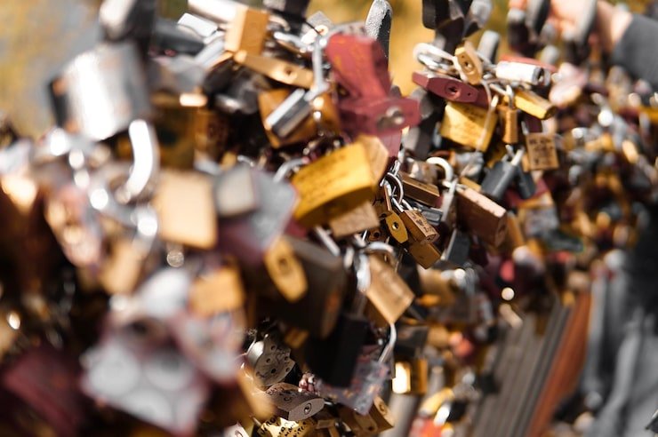 Close up love locks railing